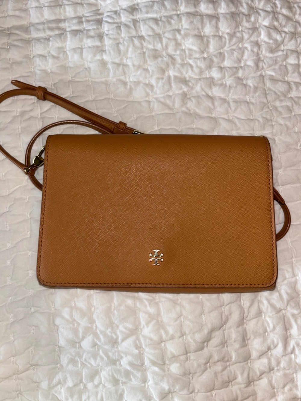 Tory Burch Convertible Crossbody WOC in Saddle Brown EUC Saffiano